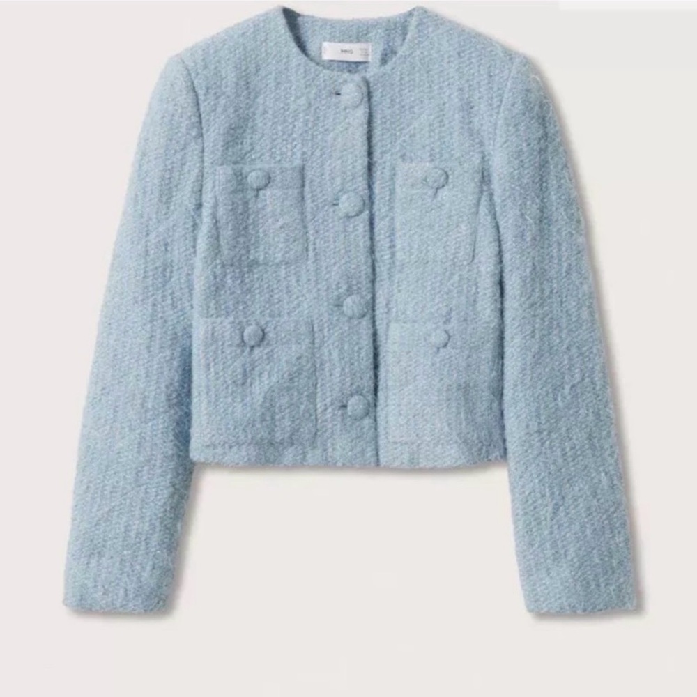 Mango Light Blue Bouclé Crop Jacket